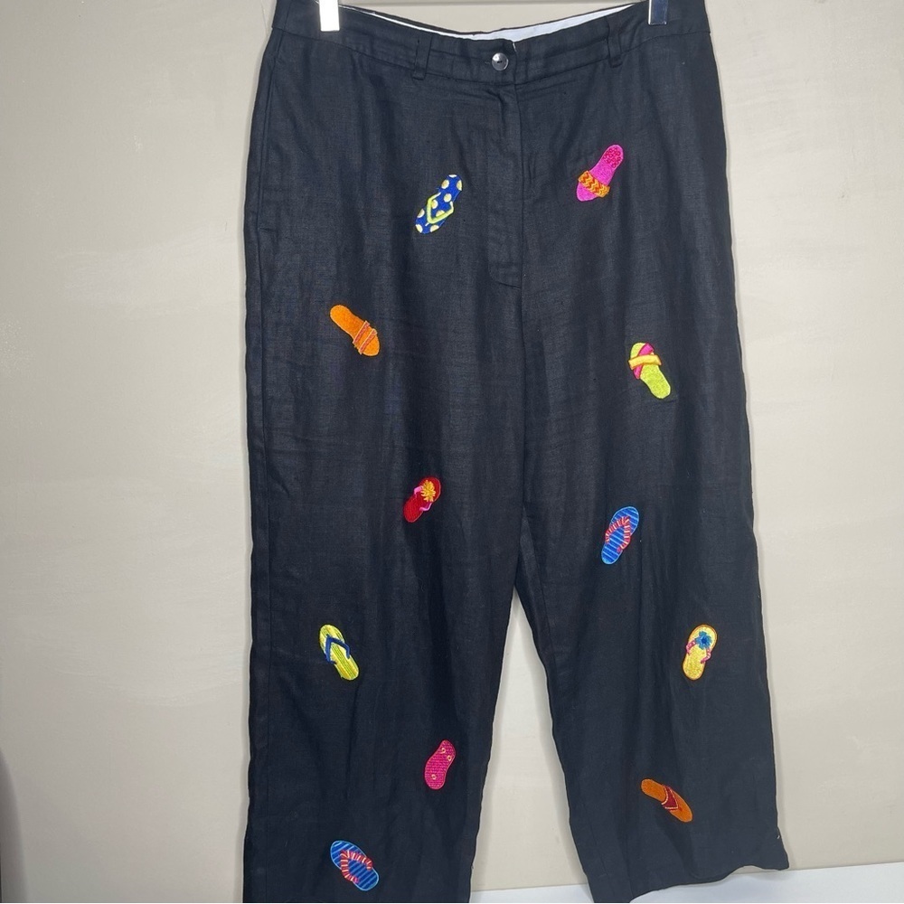 Rosanna Linen Pants Petite Embroidered flip flops Crop